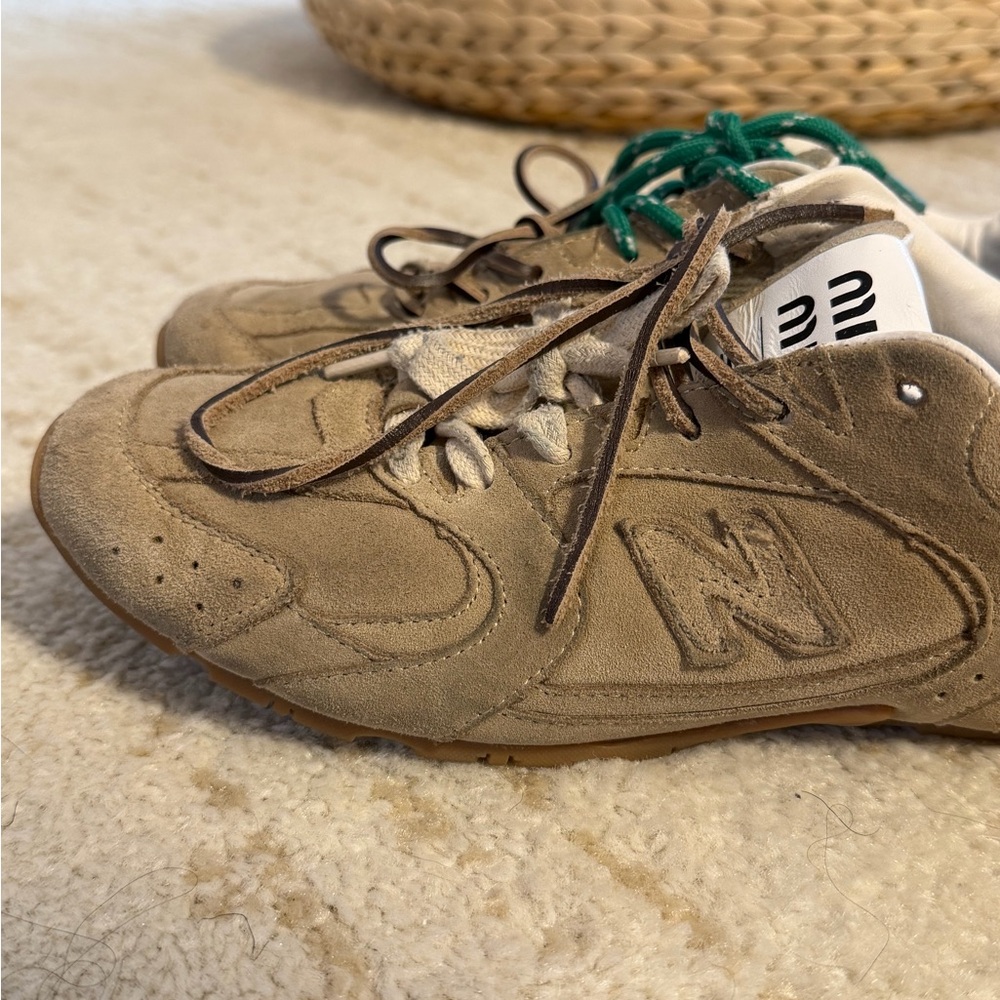 Miu Miu Taupe Suede Sneakers with Green Laces - Picture 2 of 3